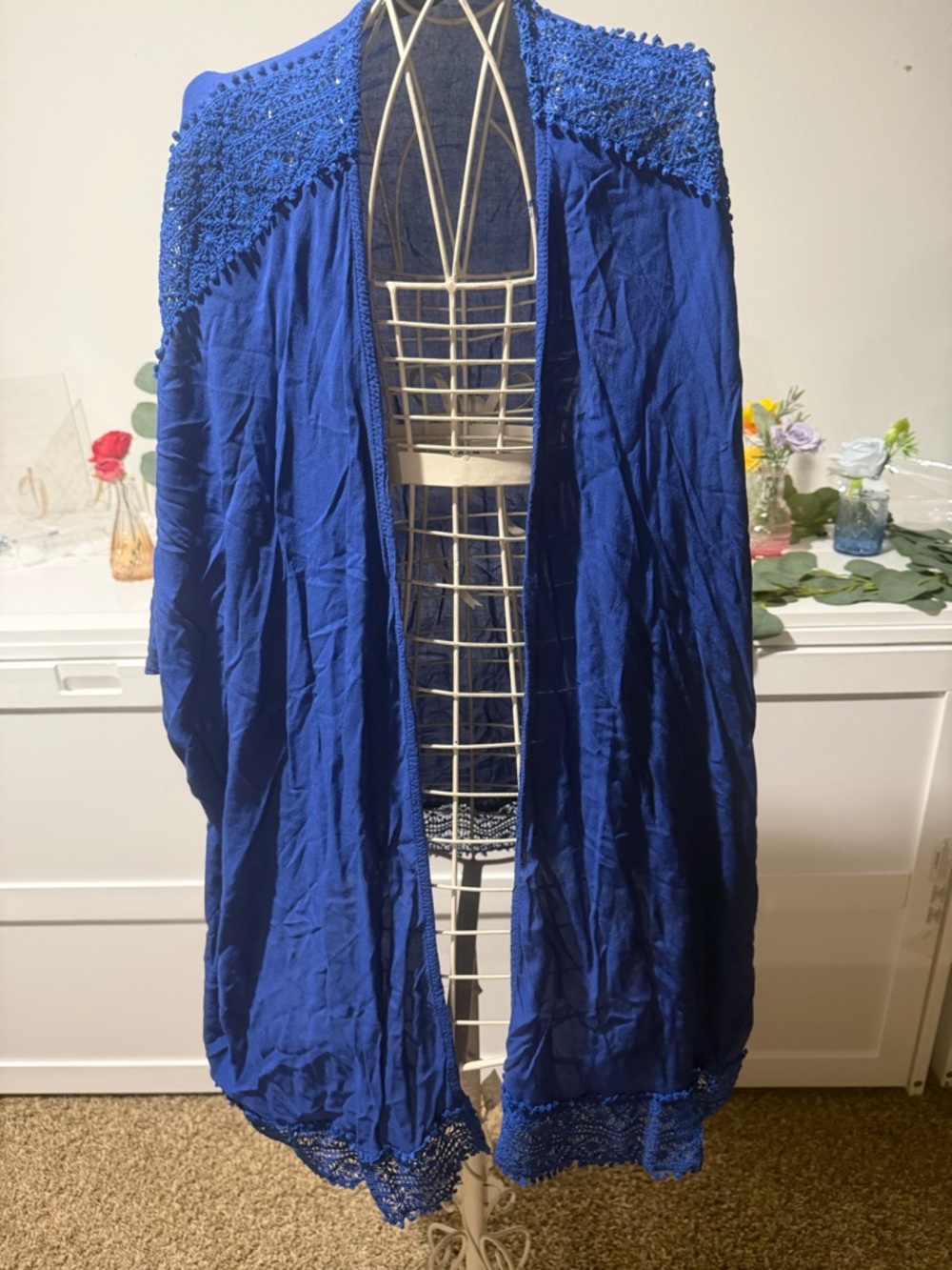 Soho Cobalt Blue Crochet-Trim Open Cardigan